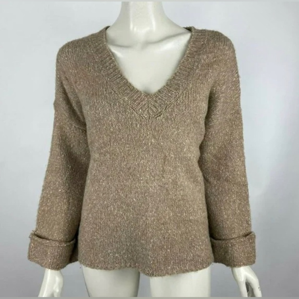 Anthropologie Camel Vneck Roll Cuff Sweater